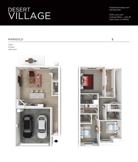 Floor plan for 3 beds, 2.5 baths, 1597 sqft